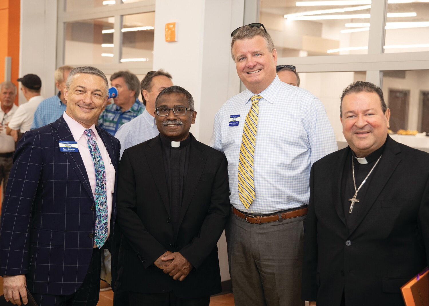 Left to right: Tony George, Chair, IRSC District Board of Trustees; Rev. Chamindra Williams, Parochial Vicar, Holy Cross Catholic Church; Anthony Dribben, IRSC Dean of Science; and Rev. Francisco J. Osorio, Parish Priest, Holy Cross Catholic Church.